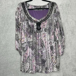 Sara Michelle Womens Top 2X Purple Paisley Elbow Short Sleeve V Neck Casual